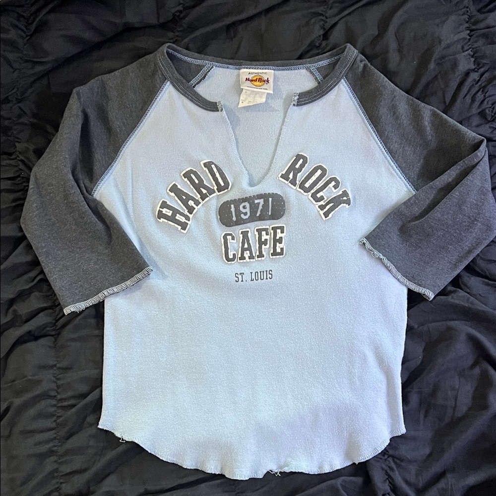 Hard Rock Cafe Light Blue and Dark Gray Raglan Shirt